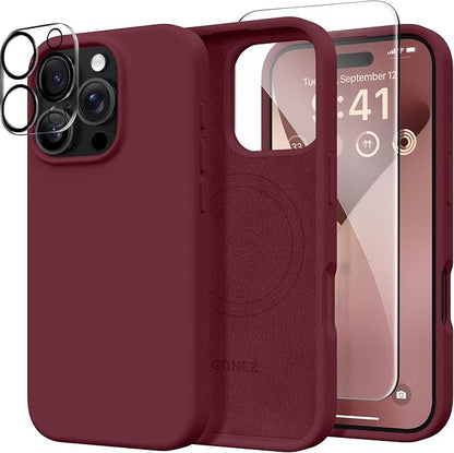 GONEZ Magnetic for iPhone 16 Pro Max Case, Compatible with MagSafe, Liquid Silicone Case, with Screen Protector + Camera Protector, Full Body Protective Shockproof Phone Cover 6.9", Maroon