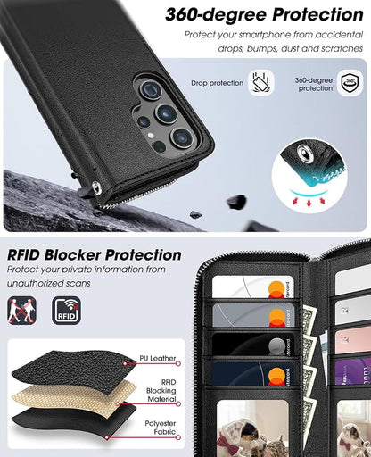 OCASE for Samsung Galaxy S26 Ultra Crossbody Detachable Wallet Case, PU Leather Handbag Phone Purse with Zipper Closure, Card Slots & RFID Blocking, Wrist Strap, Lanyard, Kickstand, Black
