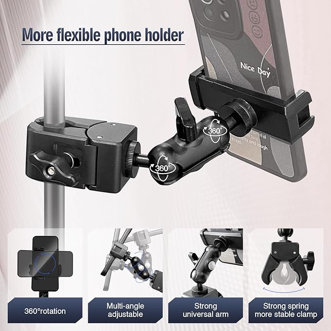 Clip Phone Holder for Desk,Pole,Pipe,Boom,Flat Surface with Adjustable Aluminium Arm Phone Clamp Mount for Mic Stand,Treadmill Compatible with All 4-7” Cell Phone (Short-Aluminium Arm Phone Holder)