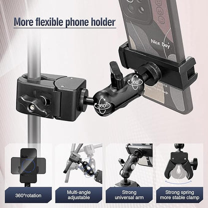 Clip Phone Holder for Desk,Pole,Pipe,Boom,Flat Surface with Adjustable Aluminium Arm Phone Clamp Mount for Mic Stand,Treadmill Compatible with All 4-7” Cell Phone (Short-Aluminium Arm Phone Holder)
