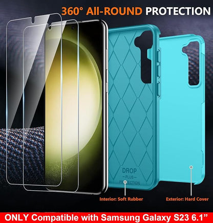 SPIDERCASE Designed for Samsung Galaxy S23 Case, [10 FT Military Grade Drop Protection], 2 Pack [Tempered Glass Screen Protector+Camera Lens Protector] Heavy Duty Shockproof Case, Light Blue
