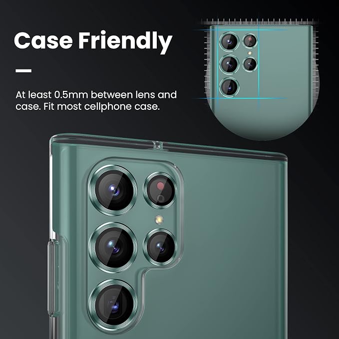 Tensea [3+2PCS for Samsung Galaxy S22 Ultra Camera Lens Protector, 9H Tempered Glass Camera Cover Screen Protector Metal Individual Ring for S22 Ultra 5G 2022 [Installation Tray][Removal tool]- Green