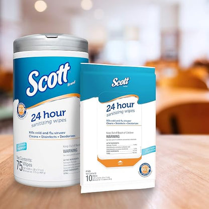 Scott 24 Hour Sanitizing Wipes – Multi-Surface Cleaning & Disinfecting, Continuous Sanitization for 24 Hours – (41526), 50 Packs x 10, 500 Wipes