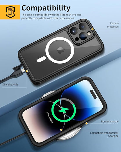 Lanhiem Magnetic for iPhone 14 Pro Max Case, Waterproof Dustproof Case with Built-in Screen Protector Compatible with Magsafe, Full Body Protective Cover for iPhone 14 Pro Max 6.7 inch -Black