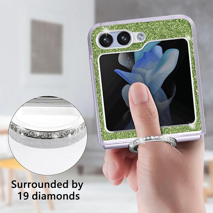 Bling Glitter Case for Samsung Galaxy Z Flip 6 with Ring Holder,Women Girls Cute Phone Case Non Slip Ultra Slim TPU Bumper Shockproof Protective Case for Galaxy Z Flip 6 5G 2024,Green