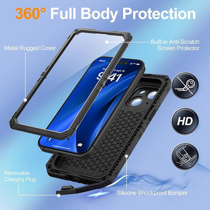 Mitywah Waterproof Case for iPhone 15 Plus, Heavy Duty Shockproof Case with Built-in Screen Protector, Full Body Underwater Protective Metal Case 6.7 inch, Black