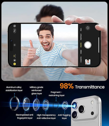 iGluz 2 Pack Anti-Reflection Camera Lens Protector for iPhone 17 Pro Max/iPhone 17 Pro [98% Transmittance][1-Step Installation][Strong Adsorption] 9H Shatterproof Tempered Glass-Silver
