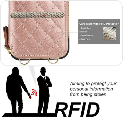Bocasal Crossbody Wallet Case for iPhone 14 Pro Max, RFID Blocking PU Leather Zipper Handbag Purse Flip Cover, Kickstand Folio Case with Card Slots Holder Wrist Strap Lanyard 5G 6.7 Inch (Rose Gold)