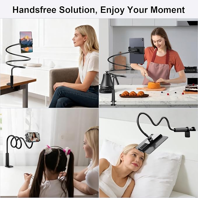Gooseneck Phone Holder-Cell Phone iPad Stand with 39inch Flexible Long Lazy Arm, 360° Adjustable, Clamp Mount Stand for Desk, Bed, Office, Kitchen-for iPhone, All 4‘’-11" Smartphone and Tablets