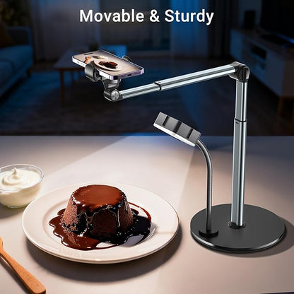 Overhead Phone Mount with Rechargeable Light for iPhone, Table Tripod for Content Creators, Portable Phone Camera Stand for Cooking, Video Recording, Filming, Nail Techs