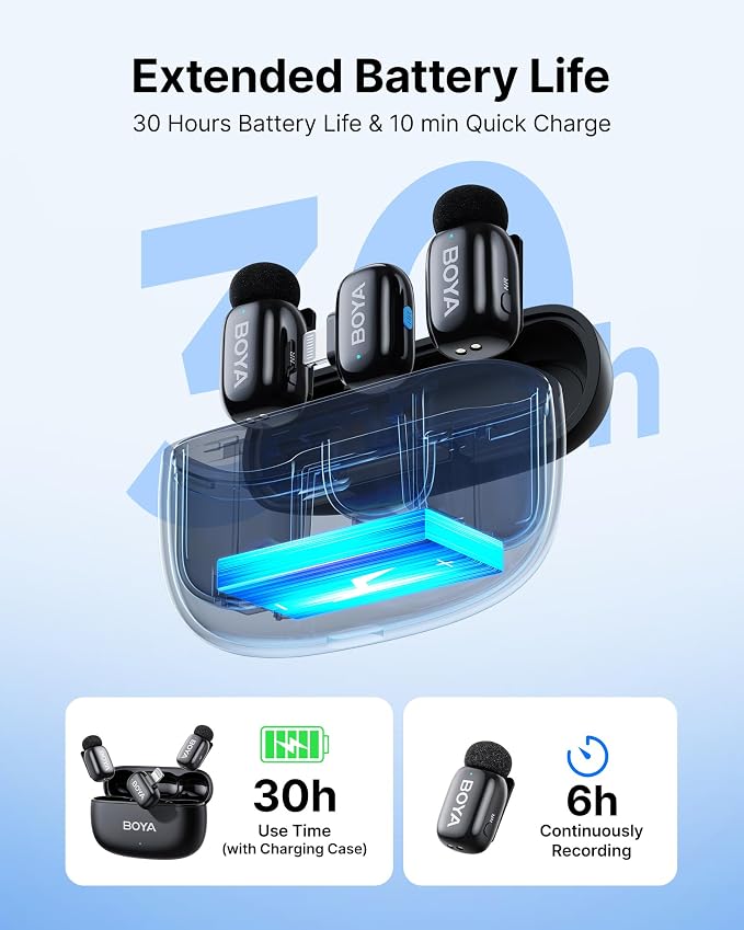 BOYA mini 2 Wireless Microphone for iPhone with MFi Certified, AI Noise Cancellation, App Control, 48k Hz/24 Bit, 30H Battery Life with Charging Case,Lapel Microphone Wireless for Video Recording Vlog
