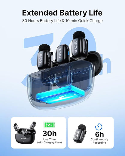 BOYA mini 2 Wireless Microphone for iPhone with MFi Certified, AI Noise Cancellation, App Control, 48k Hz/24 Bit, 30H Battery Life with Charging Case,Lapel Microphone Wireless for Video Recording Vlog