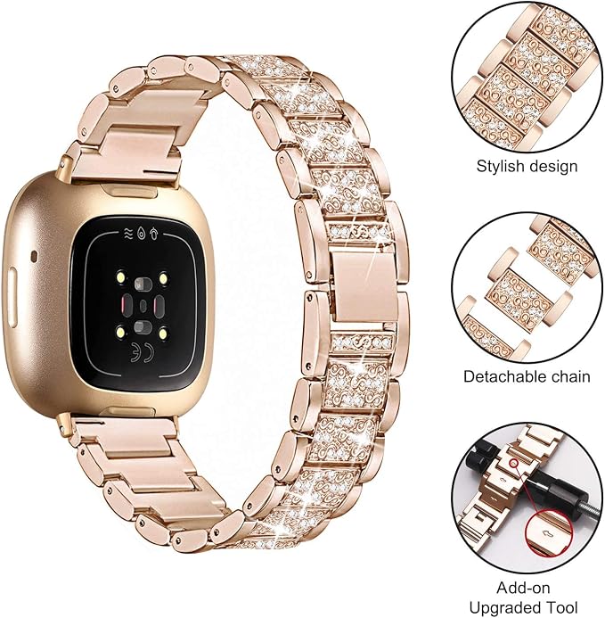 Compatible with Fitbit Versa 4/Sense 2 with Case Women, Jewelry Replacement Metal Wristband Strap with Bling PC Protective Cover for Fitbit Versa 3/Sense (Fitbit Versa 3/Sense, Rose Gold)