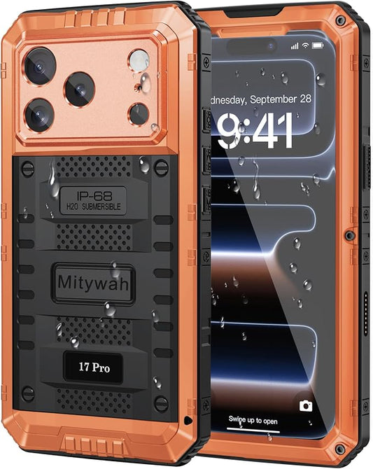 Mitywah Waterproof Case for iPhone 17 Pro, Rugged Metal Case with Built-in Screen Protector, Heavy Duty Full Body Shockproof Protective Cover 6.3 inch, Orange