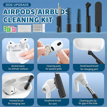 2026 Upgrade Phone Cleaning Kit 57PCS, iPhone Cleaning Kit, Airbud Cleaning Kit for AirPods, Keyboard Cleaning Kit, Charging Port Cleaner for Apple Lightning/Android USB-C (Black, with 10 Mini Brush)