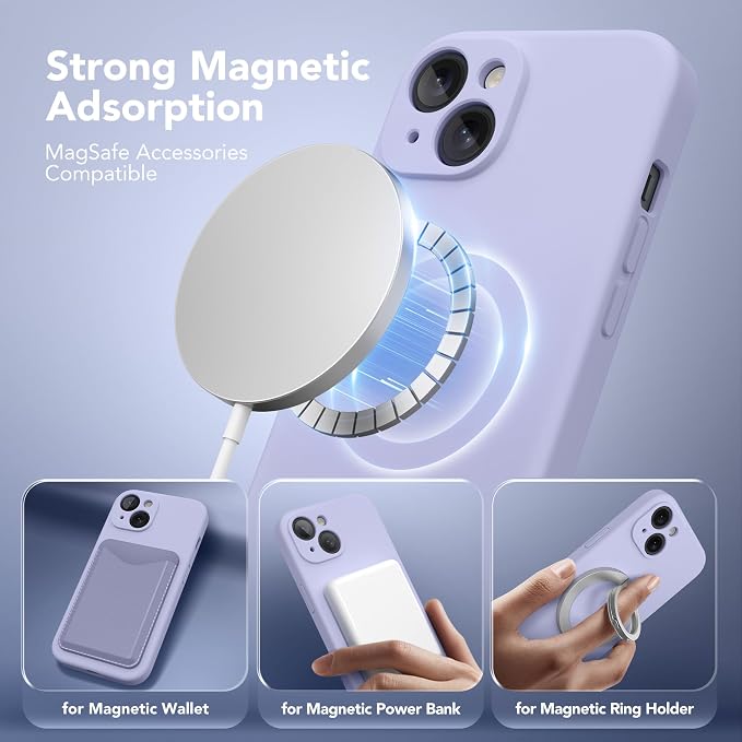 Magnetic for iPhone 13 Case, Compatible with MagSafe, [Full Camera Protection][Screen Protector] Silicone Shockproof Protective Phone Case for iPhone 13 6.1", Lilac