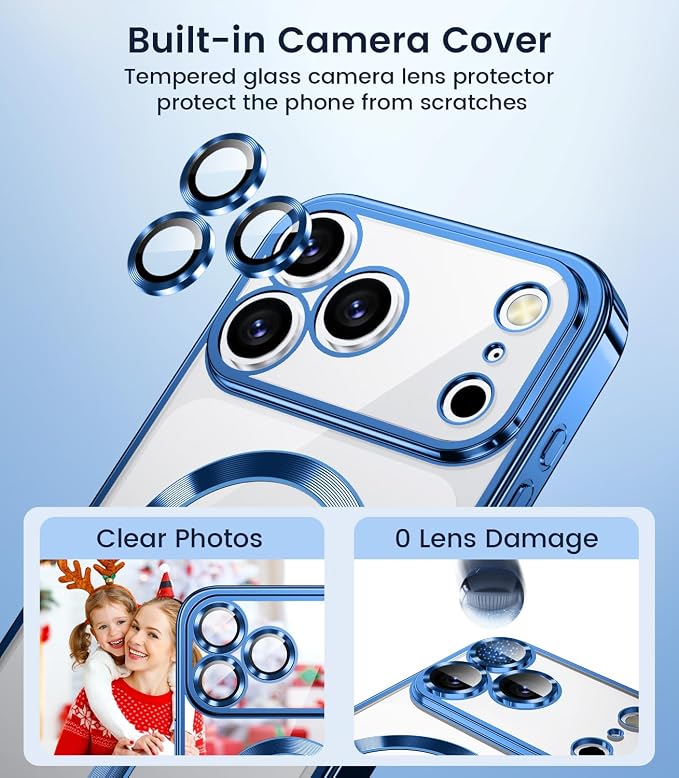 Slim Thin for iPhone 17 Pro Max Case Clear, Compatible with MagSafe, Built-in Camera Lens Protector, Shockproof Protective Phone Case, Soft Electroplated Magnetic Cover, Deep Blue