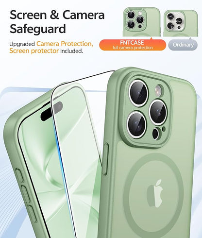 FNTCASE for iPhone 15 Pro Max Case: [Compatible with Magsafe] Translucent Matte Cases with [Full Camera Protection] [Screen Protector] Military Grade Shockproof Protective Phone Cover - Light Moss