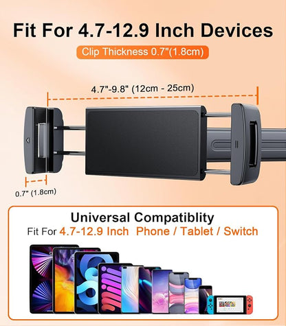 Extension Arm Tablet Holder for Car Headrest, Adjustable iPad Holder for Car Backseat Rear Facing for Kids Baby, Car Mount Fit for 4.7"-13" Cell Phone iPad mini Air Pro 12.9 Switch Fire, Black