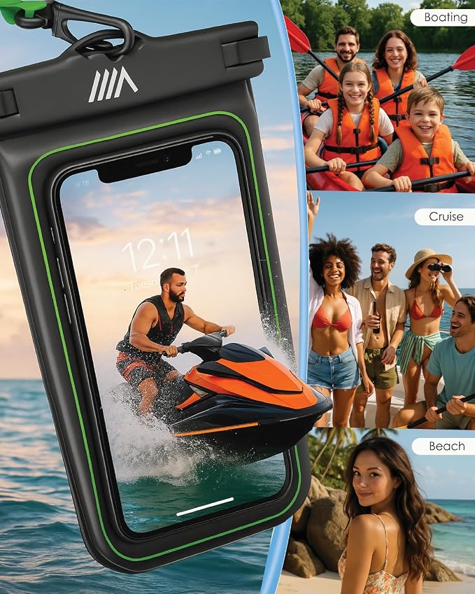 【2025 Upgraded】4 Pack Black - IP68 Waterproof Phone Pouch Floating Design No Sink Waterproof Phone Case - Beach Pool Travel Essentials - Works w/ All Phones - Detachable Lanyard - Black/Hi-Vis Green