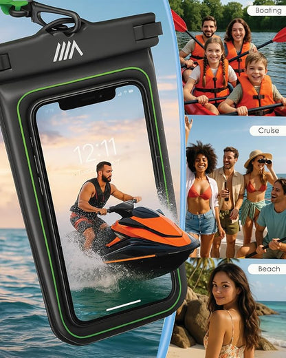 【2025 Upgraded】 8 Pack Black - IP68 Waterproof Phone Pouch Floating Design No Sink Waterproof Phone Case - Beach Pool Travel Essentials - Works w/All Phones - Detachable Lanyard - Black/Hi-Vis Green