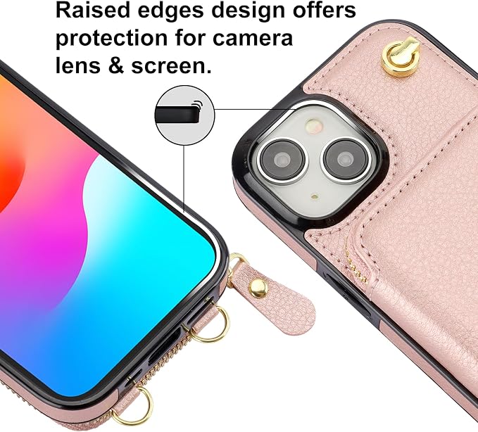 Bocasal Crossbody Wallet Case for iPhone 15, RFID Blocking Leather Purse Case with Card Holder, Protective Handbag Flip Cover with Zipper Wrist Strap Lanyard for Women 5G 6.1 Inch (Rose Gold)