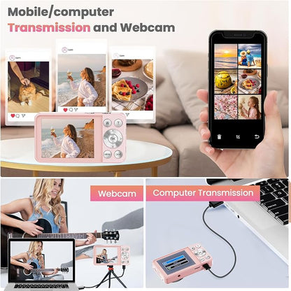 64MP 4K Digital Camera, Hoestr 18X Zoom Autofocus Point and Shoot Compact Camera with 64GB TF Card, Flash, 2.8" LCD Screen for Teens Gifts Adult Beginner Travel Photography Vlogging (Pink)