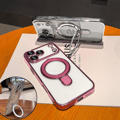 LXK Magnetic Invisible Stand for iPhone 17 Pro Max Case 6.9" Compatible with MagSafe, Military-Grade Protection, with Camera Protector, Clear Scratch-Resistant Back Cover for 17 ProMax, Pink