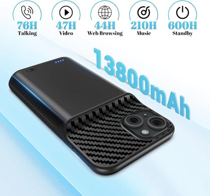 13800mAh Battery Case for iPhone 15 Plus(6.7 inch), [2026 Upgraded] High Capacity Rechargeable Extended Charging Charger Case with Tempered Glass Screen Protector, Black