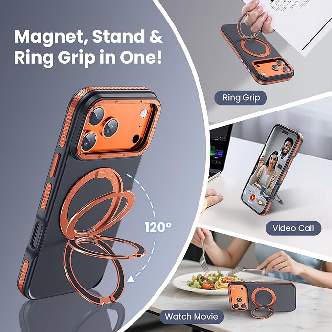 Strong Magnetic Case for iPhone 17 Pro(6.3", 2025) with Stand, Drop-Proof Bumper Cover with Contrast Color Border, Military-Grade Drop Protection, Shockproof Slim Thin Cover,Orange