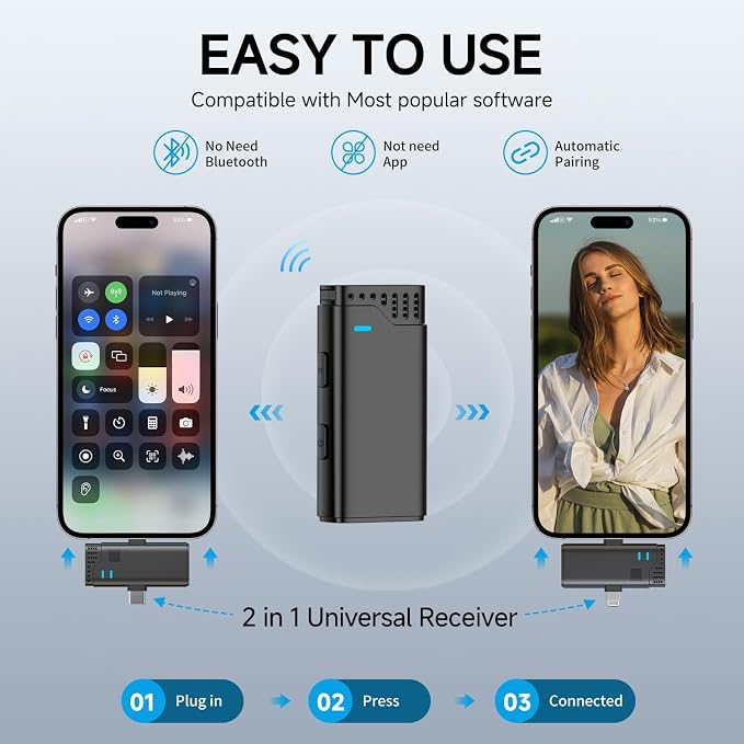 2 in 1 Professional Wireless Lavalier Microphone for Android, iPhone iPad with Charging Case Noise Cancellation Plug-Play Clip on Lapel Mic for YouTube, Recording, Facebook Live Streaming (Black)