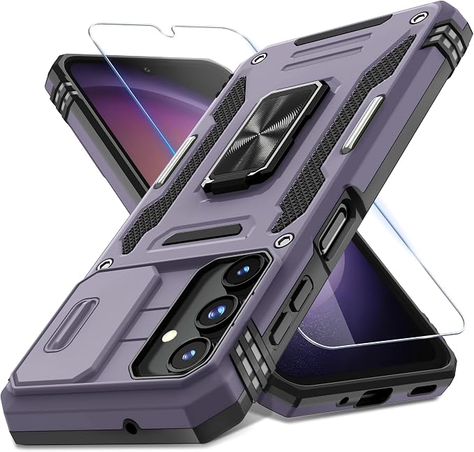 DEERLAMN Case for Samsung Galaxy A16 5G with Slide Camera Cover+Screen Protector (1 Pack), Rotated Ring Kickstand Military Grade Shockproof Protective Cover-Deep Purple