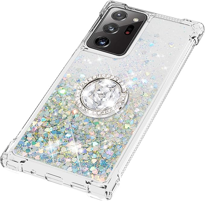 Liquid Phone Case for Galaxy Note 20 Ultra with Ring Stand, Bumper Case Bling Waterfall Liquid Case Resistant Silicone Back Case Glitter Protective Cover Compatible with Samsung Galaxy Note 20 Ultra