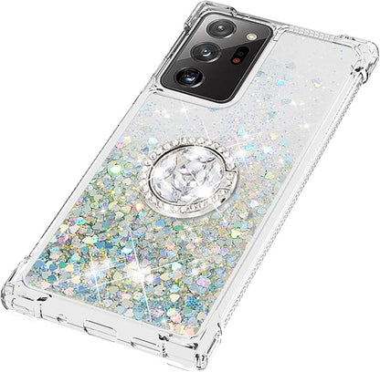 Liquid Phone Case for Galaxy Note 20 Ultra with Ring Stand, Bumper Case Bling Waterfall Liquid Case Resistant Silicone Back Case Glitter Protective Cover Compatible with Samsung Galaxy Note 20 Ultra
