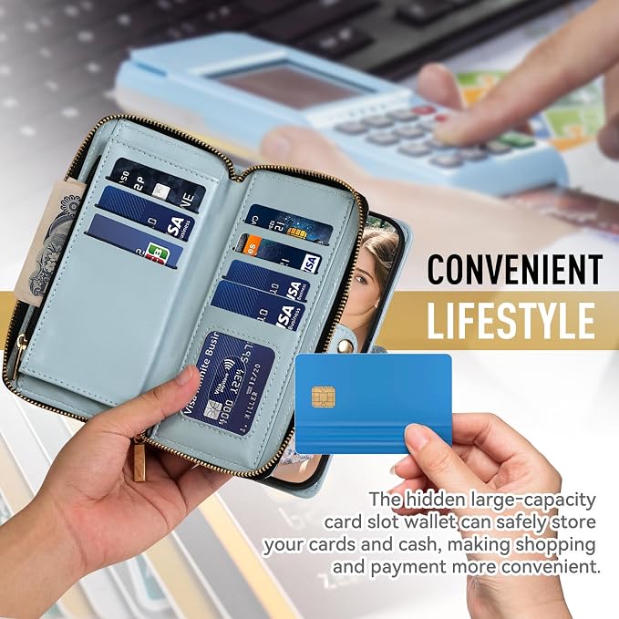 Rssviss Crossbody Case for iPhone 17 Case Wallet, RFID Blocking Leather with Card Holder Kickstand, Handbag Zipper Flip Cover with Wrist Strap for iPhone 17 Men Women 6.3", Blue