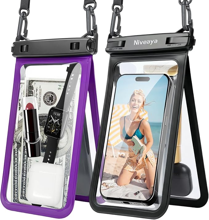 Niveaya Double Space Waterproof Phone Pouch, IPX8 Phone Case with Lanyard for iPhone 17 16 15 Pro Max, Galaxy S25 Ultra, Cellphone Dry Bag for Beach, Cruise Travel Ship Essentials 2 Pack (up to 8.3")