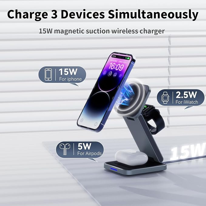 3 in 1 Magnetic Wireless Charger Station for iPhone 17/16/15/14/13/12 Series Mag-Safe Charging Station for Apple Watch Series 11-2/Ultra2/1/SE Foldable Wireless Charger for AirPods 4 3 2 1 Pro