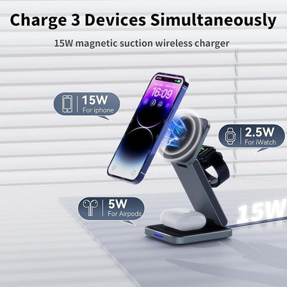 3 in 1 Magnetic Wireless Charger Station for iPhone 17/16/15/14/13/12 Series Mag-Safe Charging Station for Apple Watch Series 11-2/Ultra2/1/SE Foldable Wireless Charger for AirPods 4 3 2 1 Pro