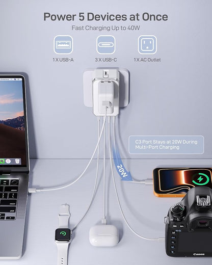 EPICKA Air 40W Universal Travel Adapter, PD Fast Charging International Power Adapter with 1 AC & 4 USB Ports, Worldwide Compact Travel Essentials for US/EU(White, 1-Pack, Not a Voltage Converter)