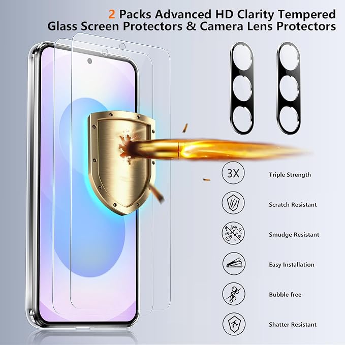 SPIDERCASE Designed for Samsung Galaxy S25 FE Case,[10 FT Military Grade Drop Protection],2 Pack [Tempered Glass Screen Protector+Camera Lens Protector] Heavy Duty Shockproof Case,Clear