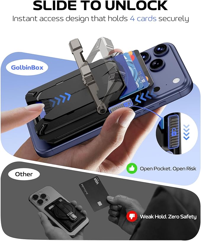 GolbinBox for MagSafe Wallet with Stand, Magnetic Phone Card Holder for Men, Holds 4 Cards with RFID Blocking, Slide-Open Metal Cover, Built-in Kickstand for iPhone 17/16/15/14/13/12 Series, Black
