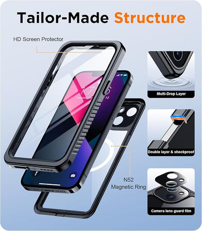 Temdan Magnetic for iPhone 13 Case Waterproof,Built-in Screen Protector[IP68 Underwater][Upgrade Military Dropproof][Compatible with MagSafe] Full Body Shockproof for Phone Case 6.1'' Black