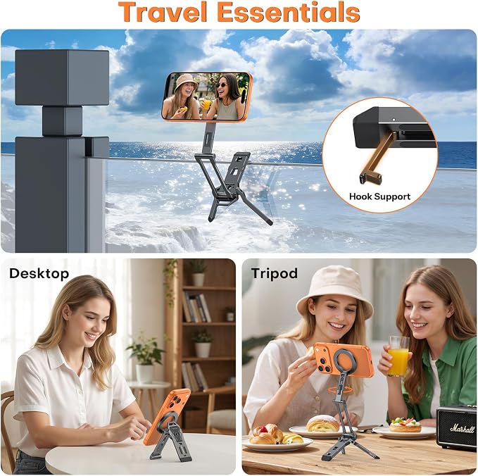 OMOTON TP06 [Equipped Lanyard] for MagSafe Tripod Hook with Magnet Back & Arca-Swiss Base, 360°Rotating with 1/4" Screw, Magnetic Phone Tripod for iPhone 17/16 Pro Max Air Fits Vlog, Travel, Gym