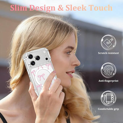 Magnetic Bow Case for iPhone 17 Pro Max,with Screen Protector & Camera Lens Protector, Slim Clear Phone Cover Anti-Yellowing Shockproof Protective Cover for Women Girl - Pink