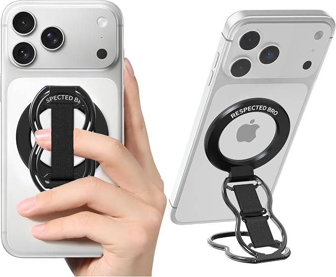 RESPECTED-BRO-Magnetic-Phone-Grip-Stand-with-Finger-Strap, 4-in-1 Magnetic Ring Holder, Kickstand and Elastic Strap for Phones, Universal Fit for iPhone 17/16/15/14/13/12, Android, and Cases (Black)