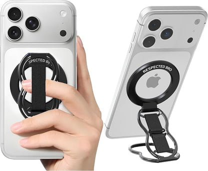 RESPECTED-BRO-Magnetic-Phone-Grip-Stand-with-Finger-Strap, 4-in-1 Magnetic Ring Holder, Kickstand and Elastic Strap for Phones, Universal Fit for iPhone 17/16/15/14/13/12, Android, and Cases (Black)