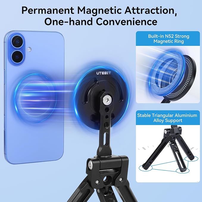 UTEBIT Magnetic Phone Tripod Stand for iPhone, Strong Magnet Foldable Cell Phone Stand for Vlog,Travel Essentials,MagSafe Compatible Pocket-Sized Tripod Phone Stand Compatible with iPhone 17 16 Series