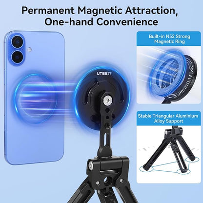 UTEBIT Magnetic Phone Tripod Stand for iPhone, Strong Magnet Foldable Cell Phone Stand for Vlog,Travel Essentials,MagSafe Compatible Pocket-Sized Tripod Phone Stand Compatible with iPhone 17 16 Series