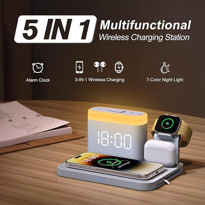 ANJANK Wireless Charging Station with Alarm Clock & Night Light,Magnetic 5 in 1 Charger Stand for Multiple-Device,Charging Dock for iPhone 17 16 15 14 13 12 Pro Max Plus,Apple Watch,Airpods,Nightstand