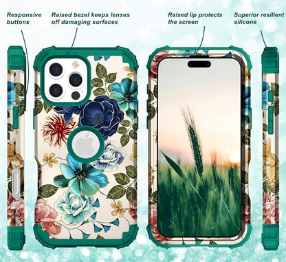 Hocase for iPhone 16 Pro Case 6.3", Heavy Duty Shockproof Protection Soft Silicone Rubber+Hard Plastic Bumpers Hybrid Protective Case for iPhone 16 Pro 2024 - Teal Flowers